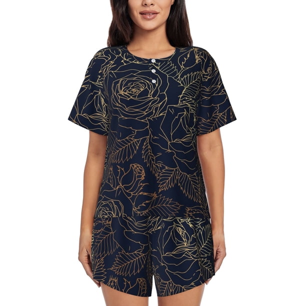 Balery Copper-Gold Gloss Outline Rose Conjunto de Pijama para Mujer con Estampado, Dos Piezas de Manga Corta y Shorts, Ropa de Dormir Suave con Cuello Redondo y Bolsillos-Medium