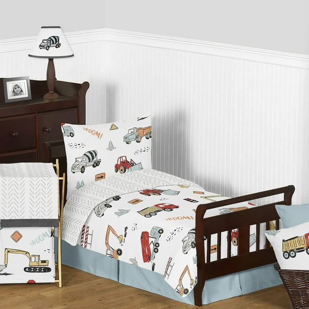 Construction Truck Boy Toddler Bedding Set 5 Pieces Comforter Sham And Sheets Grey Yellow Orange Red And Blue Transportation Chevron Arrow Kid Childrens Comforter By Sweet Jojo Designs Walmart Com Walmart Com