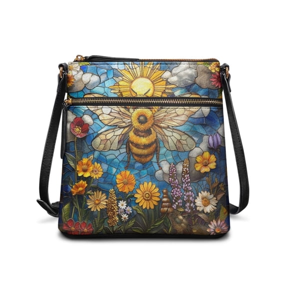 LedBack Bee Sunflower Print Leather Crossbody Hobo Purses for Women, Ladies Shoulder Bags Handbags Sling Messenger Bag Satchel Purse Shoulder Handbag, Blue and Yellow