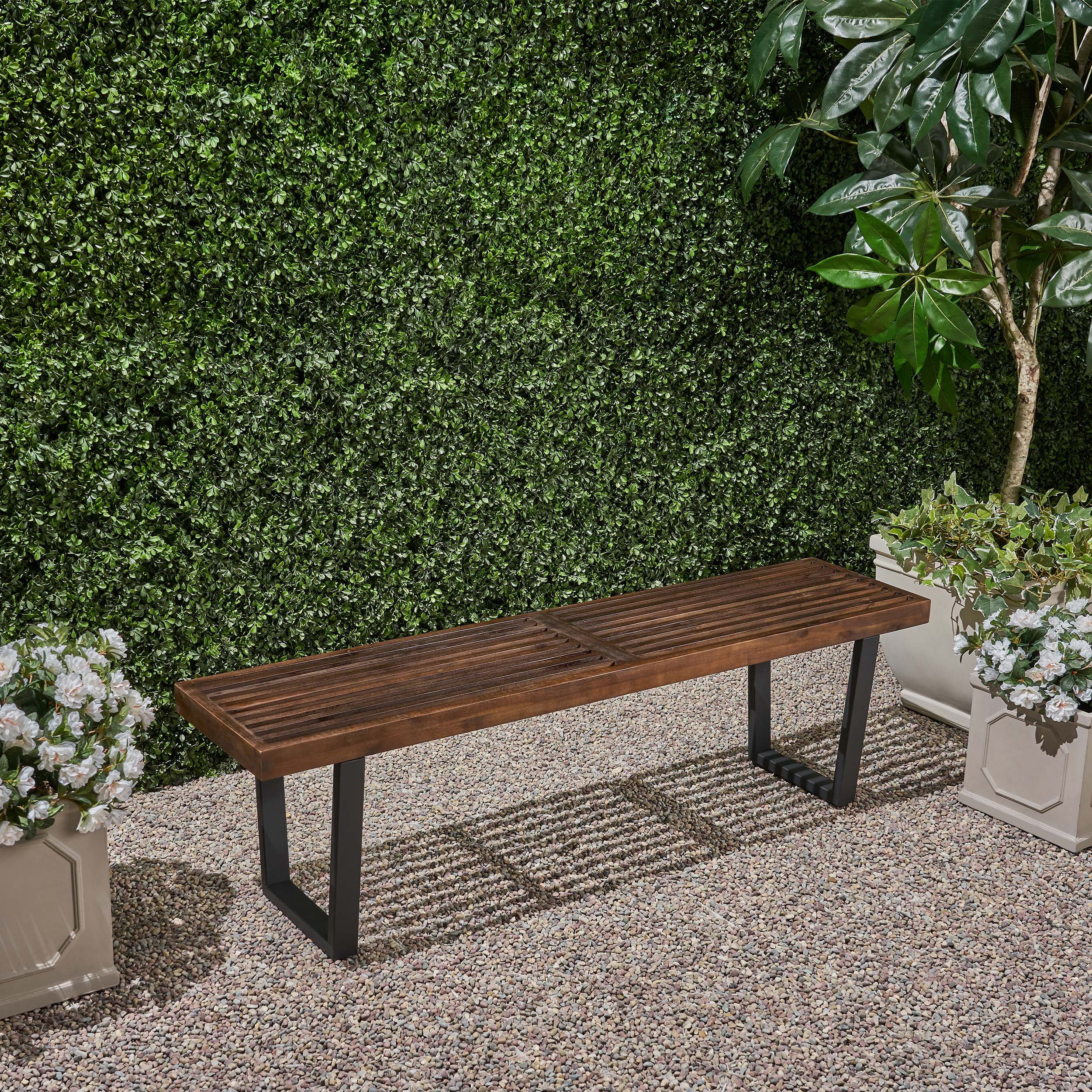 Outdoor Dining Bench with Acacia Wood and Iron Legs, Patio Bench and Garden Seating for 3 People with Adjustable Foot Pads, Dark Brown and Black