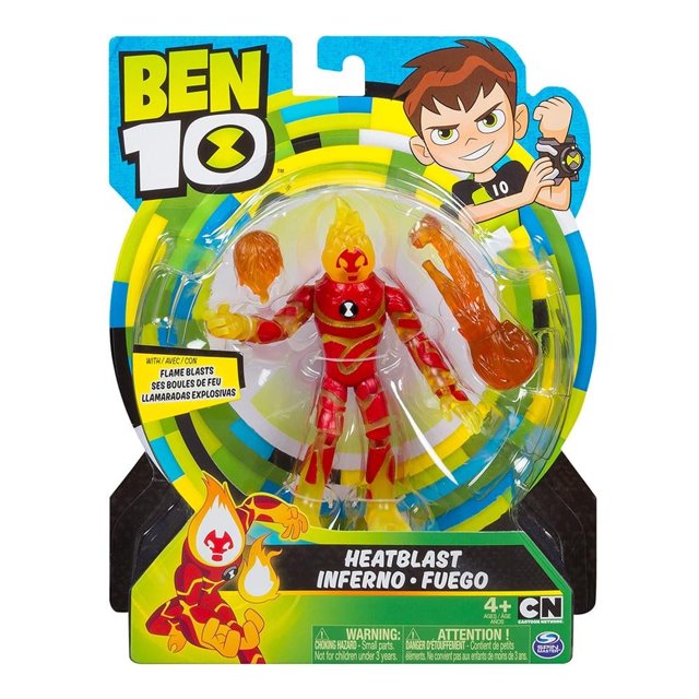 fuego ben 10 5 pulgadas figura de acción de 5 pulgadas en empaque blister, Heatblast con torso rojo y detalles amarillos, cabeza translúcida en forma de llama, 6 puntos de articulación visibles y accesorio de llamas plástico; tarjeta con logo Ben 10 sobre fondo verde y azul.