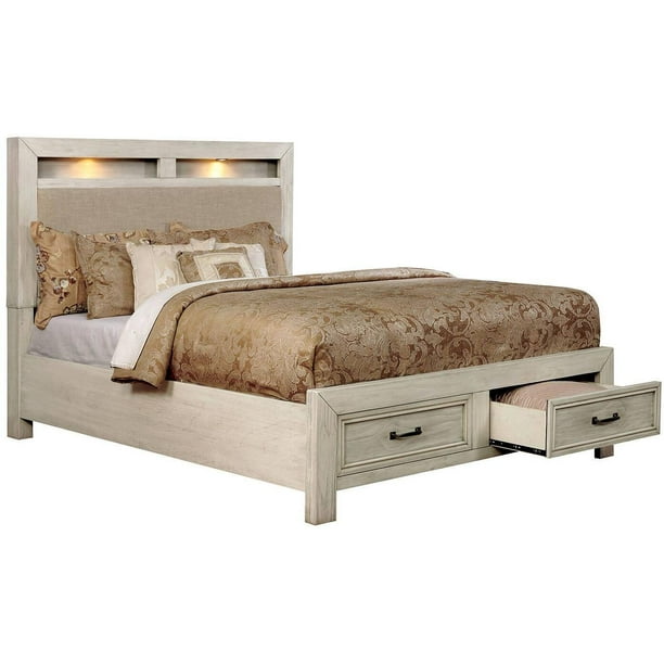 California King Size Bed 1pc Bedframe Storage Drawers White Finish Padded Upholstered Beige Fabric Hb Fb Com California King Size Bed 1pc Bedframe, California King Bed With Storage Drawers