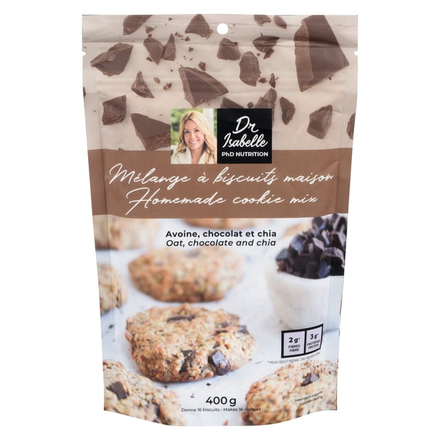 Dr Isabelle - PhD Nutrition, Mélange à Biscuits, Avoine, Chocolat et Chia, 400 g, Donne 20 Biscuits.