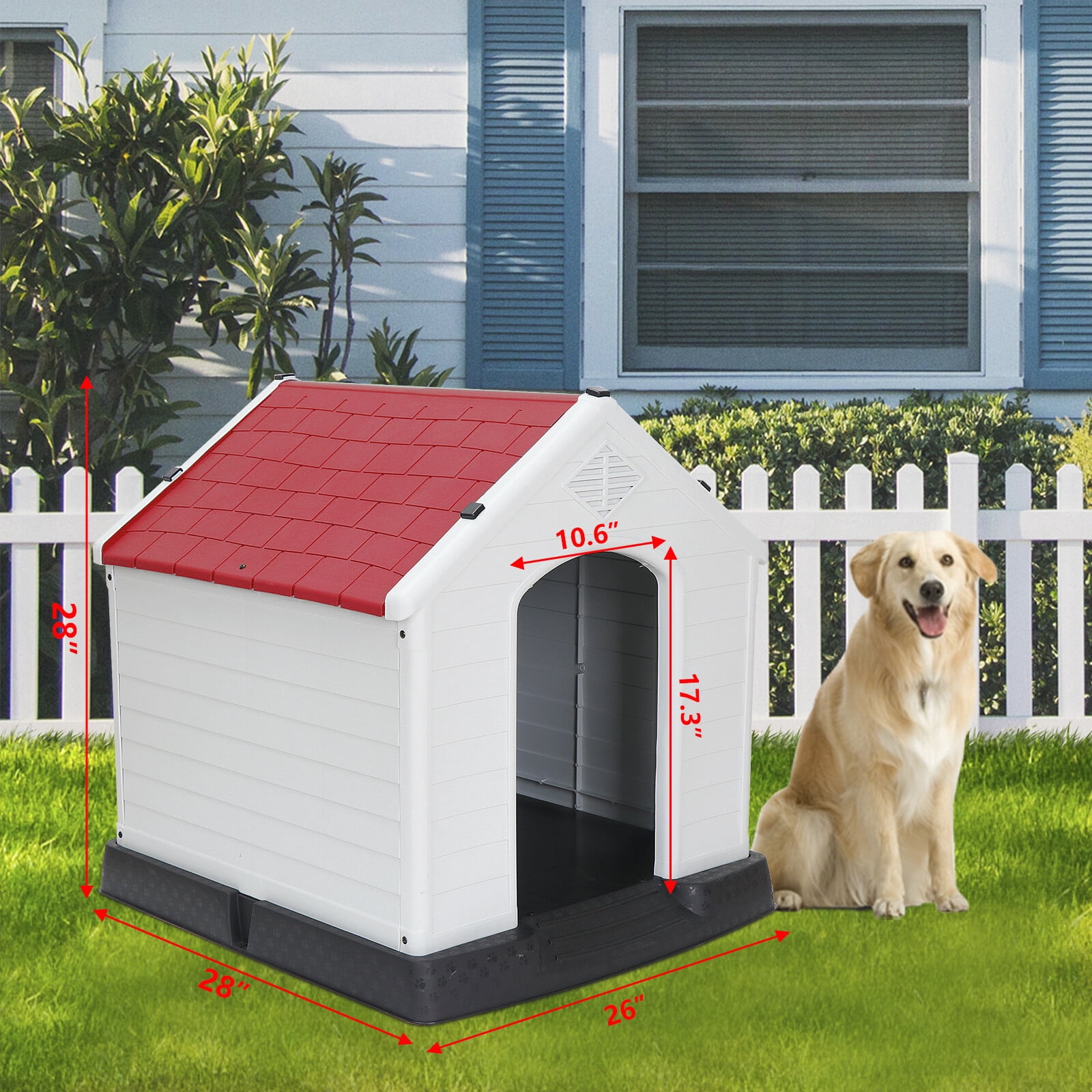 HomGarden 28-inch Plastic Dog House Medium Pet Puppy Shelter Waterproof Kennel Indoor Outdoor Red
