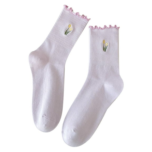 Womens Super Soft Combed Cotton Socks 1 Pair Cute Embridered Frilly Ruffle Sock Colorful Fashion Casual Crew Socks