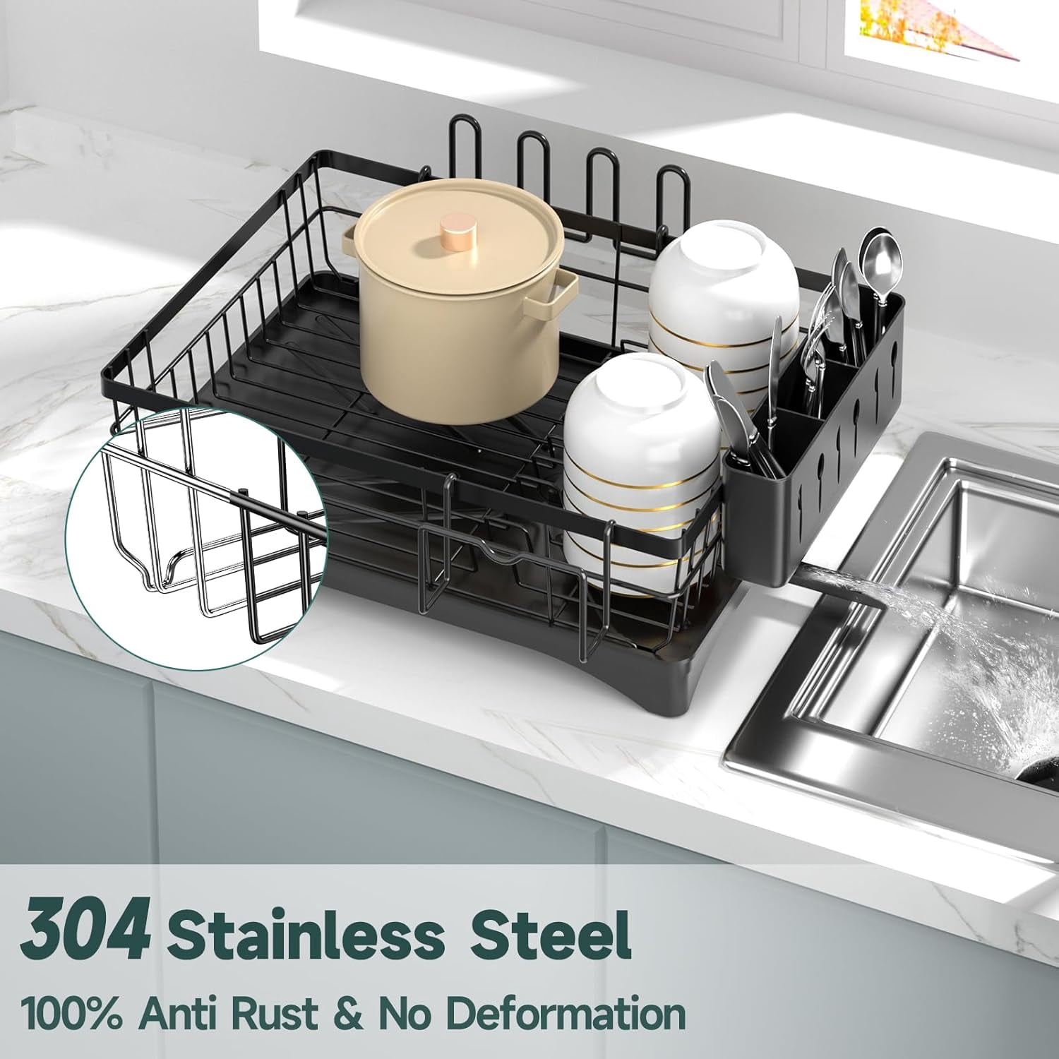 Dish Drying Rack, AOKIWO Kitchen Counter Stainless Steel Large 1 Tier Dish Drainer with Drainboard Over Sink for Cups, Knives, Spoons, and Forks (L16.9"*W12.5")