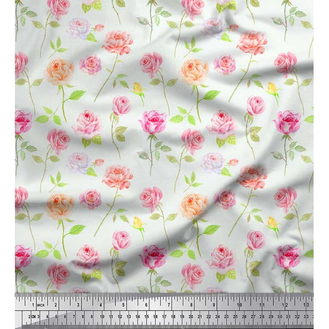 Soimoi White Rayon Fabric Leaves & Grandiflora Roses Floral Printed Fabric 1 Yard 56 Inch Wide