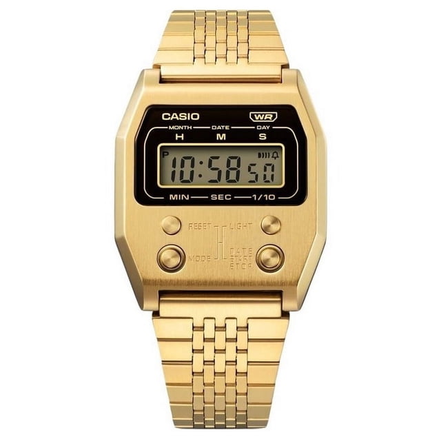 Casio Reloj Vintage Digital de Acero Inoxidable Chapado en Iones de Oro con Movimiento de Cuarzo, Modelo A1100G-5, Unisex.