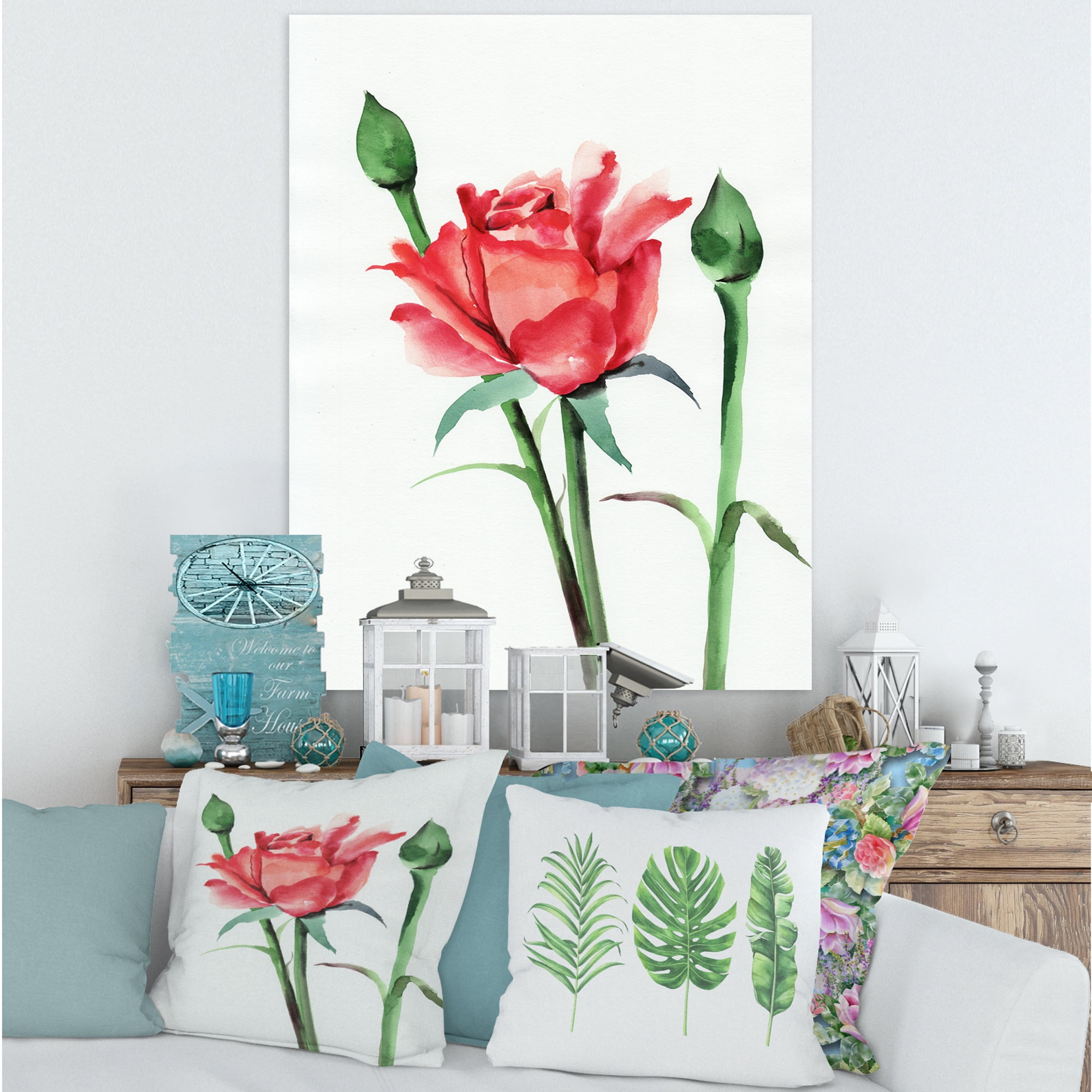 Designart ' Buds With Red Rose ' Traditional Canvas Wall Art Print