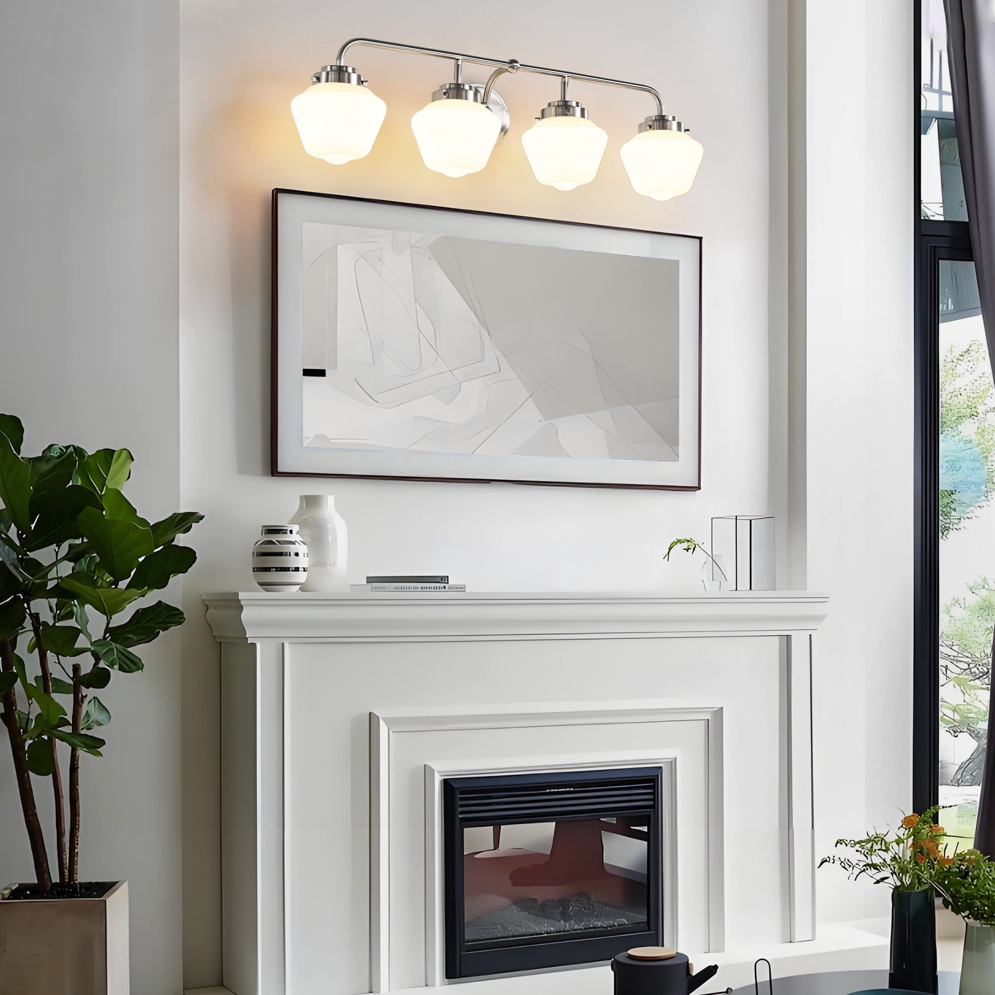 Bathroom Vanity Light Fixtures 4-Lights Brushed Nickel Vanity Lights Over Mirror, E26 40W Modern Bathroom Lighting Fixture with Milky White Glass for Bath Restroom