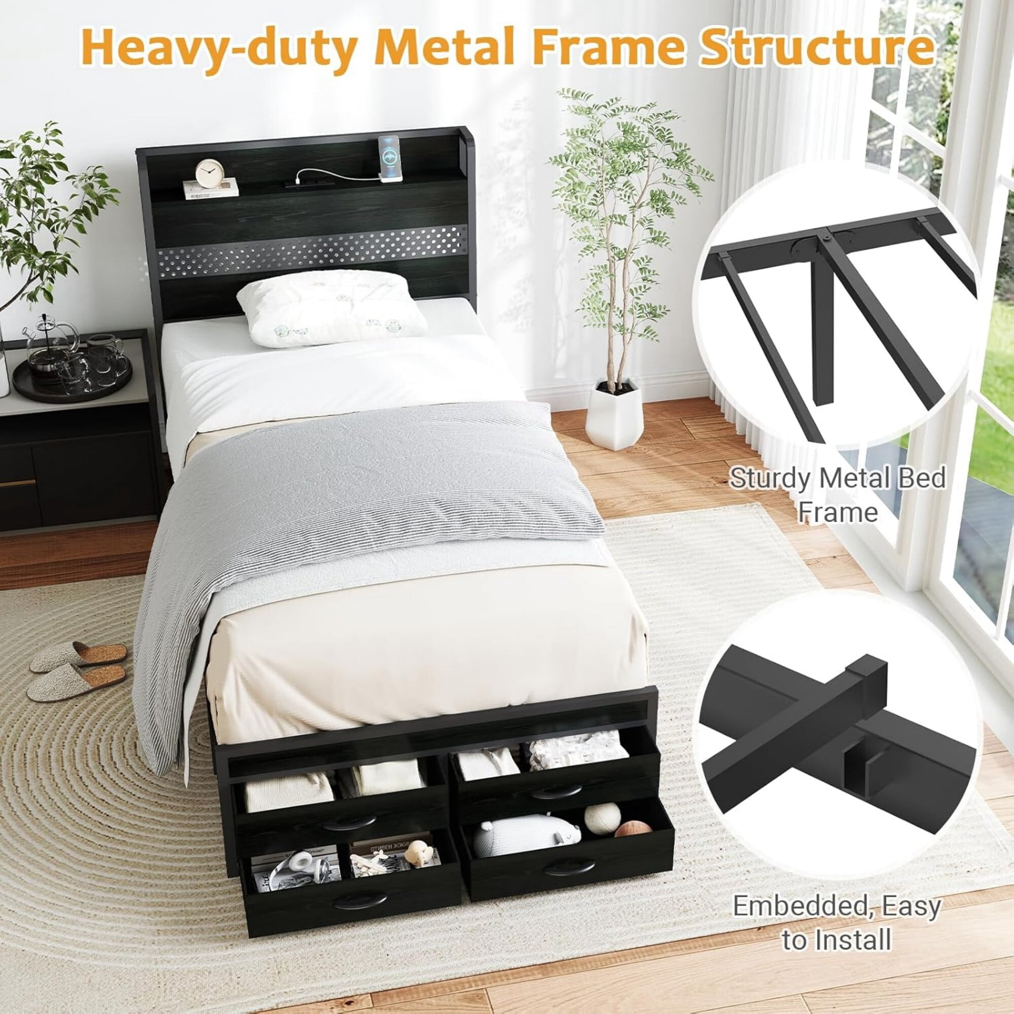 AENKYO Twin Size Bed Frame with 4 Storage Drawers, LED Lights, Charging Station Headboard, Black