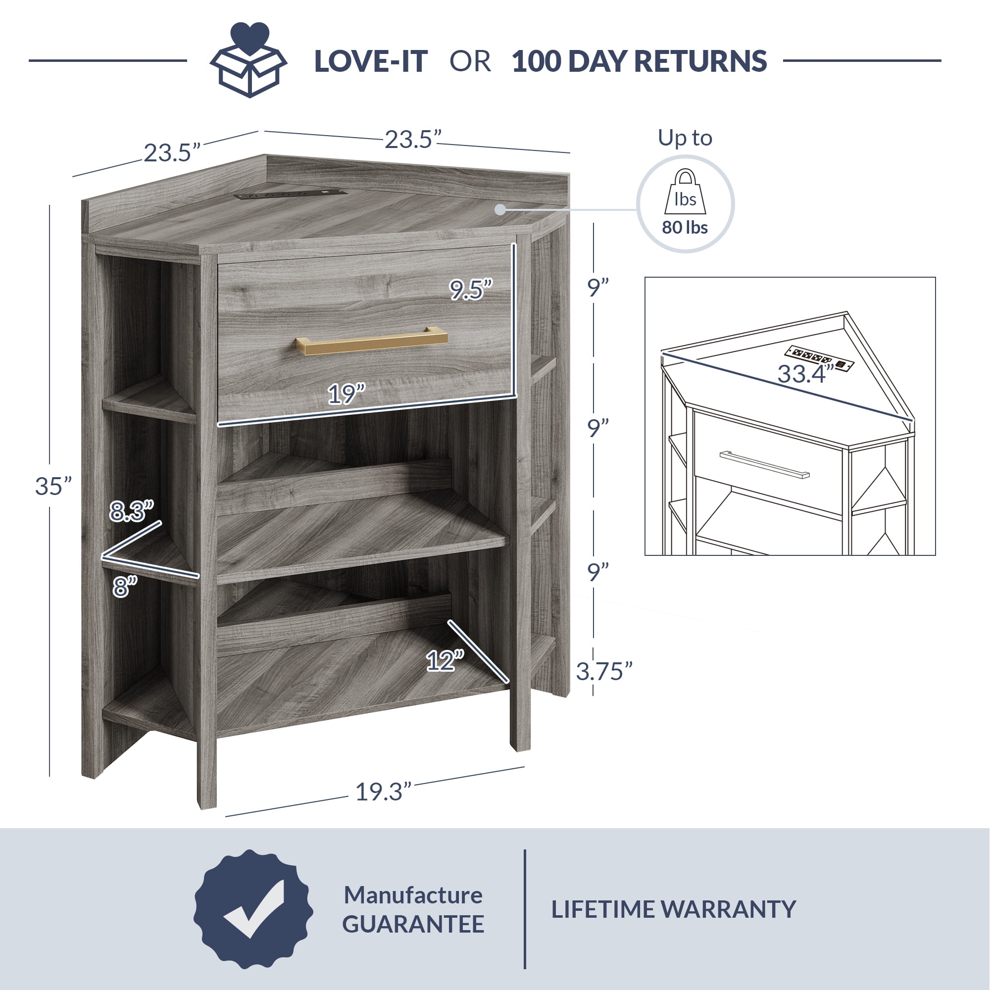 BELLEZE Wooden Corner Cabinet for Living Room, with Power