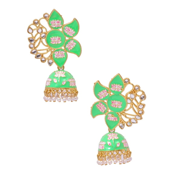 Crunchy Fashion Bollywood Jewellery Traditional Ethnic Bridal Bride Wedding Bridesmaid Gold Plated Indian Green Meenakari Lotus Jhumka Jhumki Earrings Jewelry Set For Women