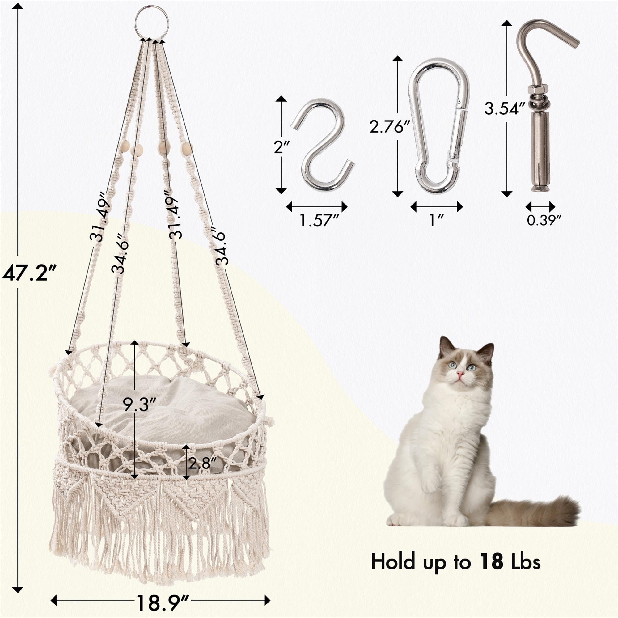 Pefilos Foldable Cat Hammock Bed with Macrame Design, Double Steel Hoop Base, and Cotton Pad for hanging and Assembly Window or Living Room Decor for Small & Medium Cats, Beige Pefilos Foldable Cat Hammock Bed with Macrame Design, Double Steel Hoop Base, and Cotton Pad for hanging and Assembly Window or Living Room Decor for Small & Medium Cats, Beige