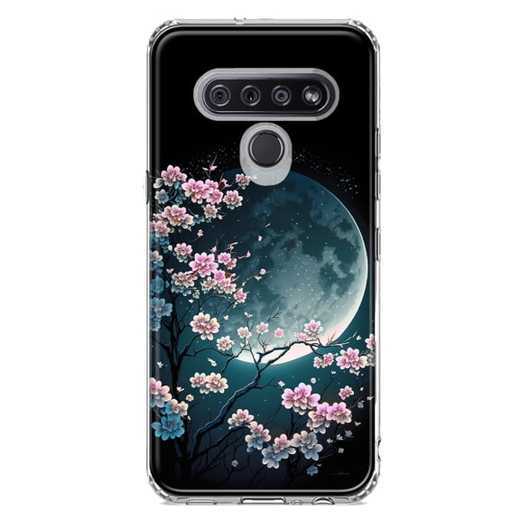 MUNDAZE LG K51 Shockproof Clear Hybrid Protective Phone Case Kawaii Manga Pink Cherry Blossom Full Moon Cover