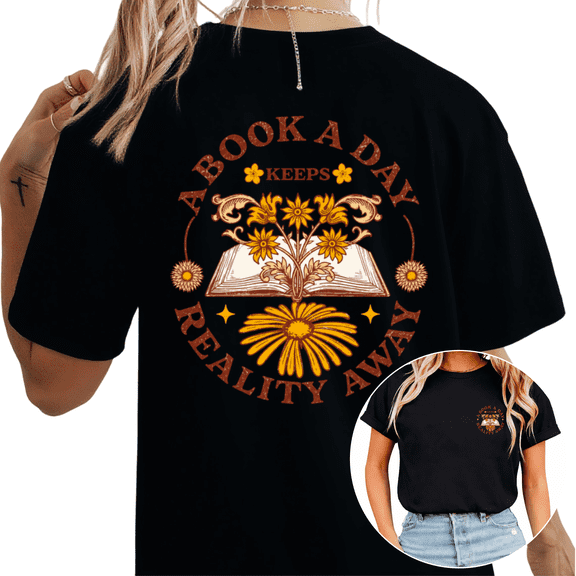 Cozymy Women's A Book A Day Keeps Reality Away Floral Book Graphic Short Sleeve T-Shirt Casual Cotton Relaxed Fit Tops