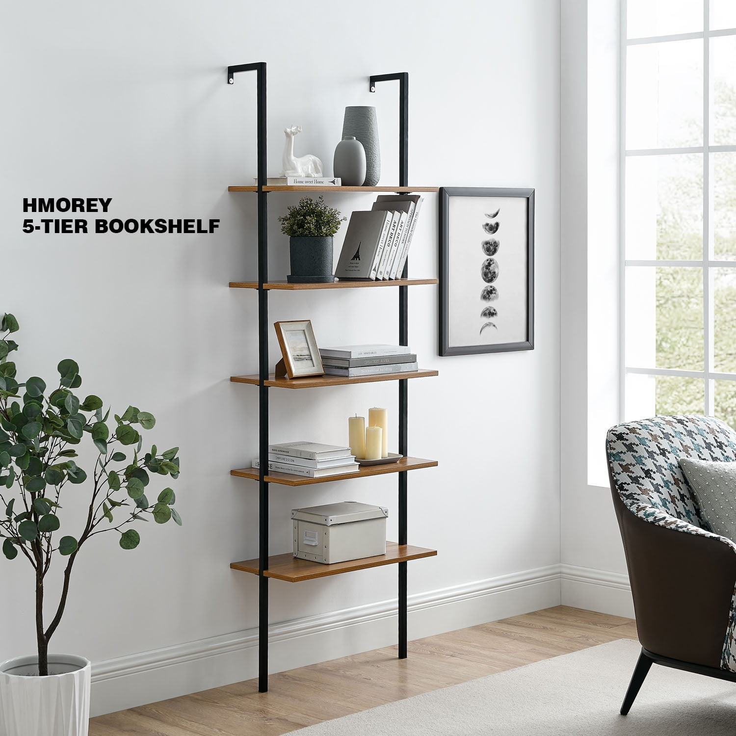 5tier Shelf Ladder Bookcase, Open Wall Mount Ladder Bookshelf with