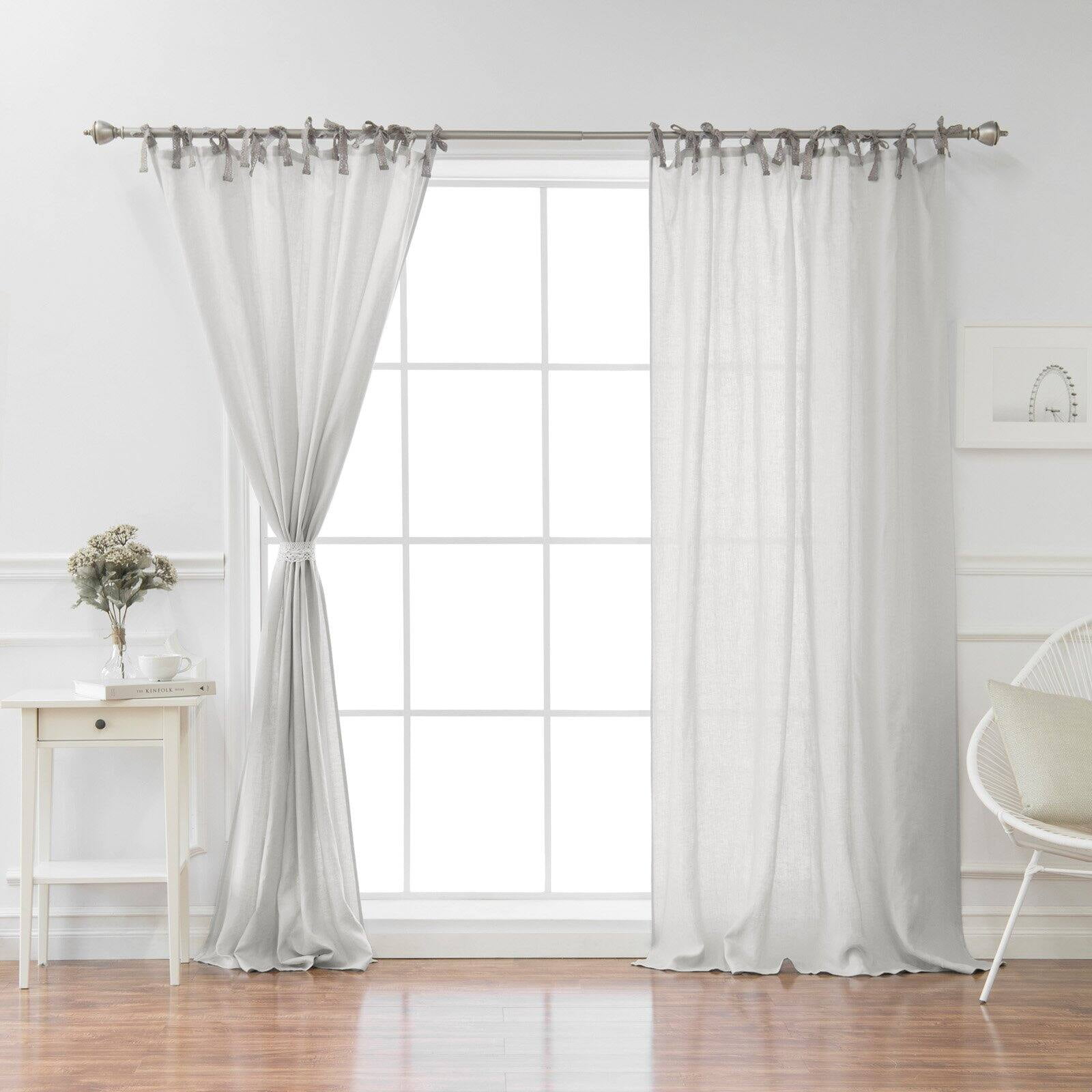 Best Home Fashion Lace Tie Top Sheer Linen Single Curtain Panel