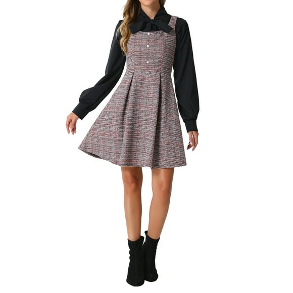 INSPIRE CHIC Women's Dress Tweed Plaid Sleeveless A-Line Pinafore Overall Dress L Red Black