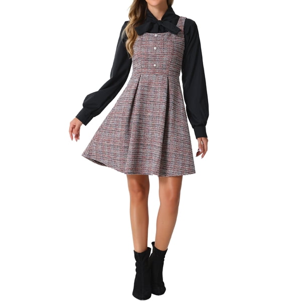 Vestido A-Line sin mangas de tweed a cuadros para mujer Inspire Chic L rojo negro