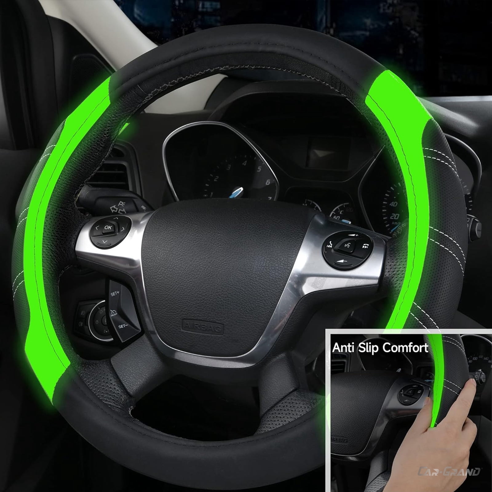CAR GRAND Leather Steering Wheel Cover and Waterproof Carpet Car Floor Mats,Universal Fit Combo Pack Sedan,SUV,Cars, 14.5" to 15" Sporty Anti-Slip Fluoresence  Green