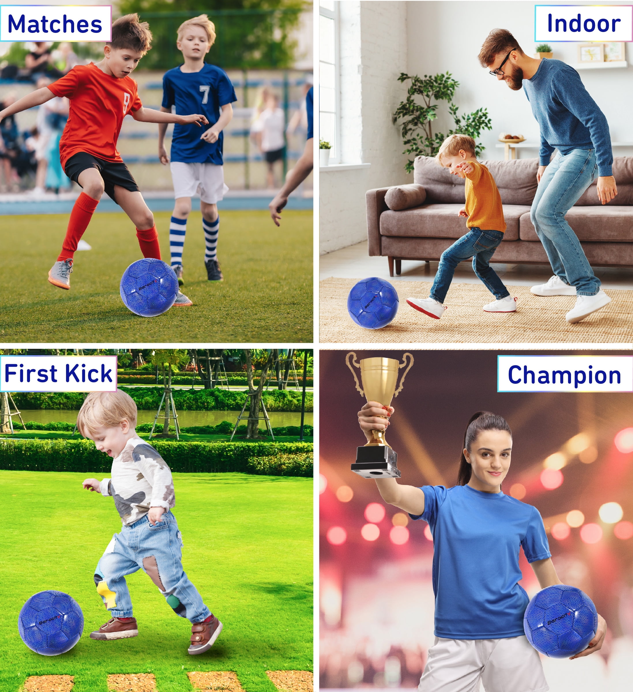 Barocity Iridescent Soccer Balls Set of 3 - Mixed Sizes Blue Official Match Balls with Reflective Hex Pattern, Sport Soccer Balls for Indoor and Outdoor Training and Practice Games- Sizes 3, 4, and 5