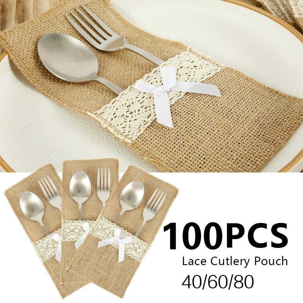 Pack of 6 Lovely Homemade Hessian and Lace Cutlery Pouches 