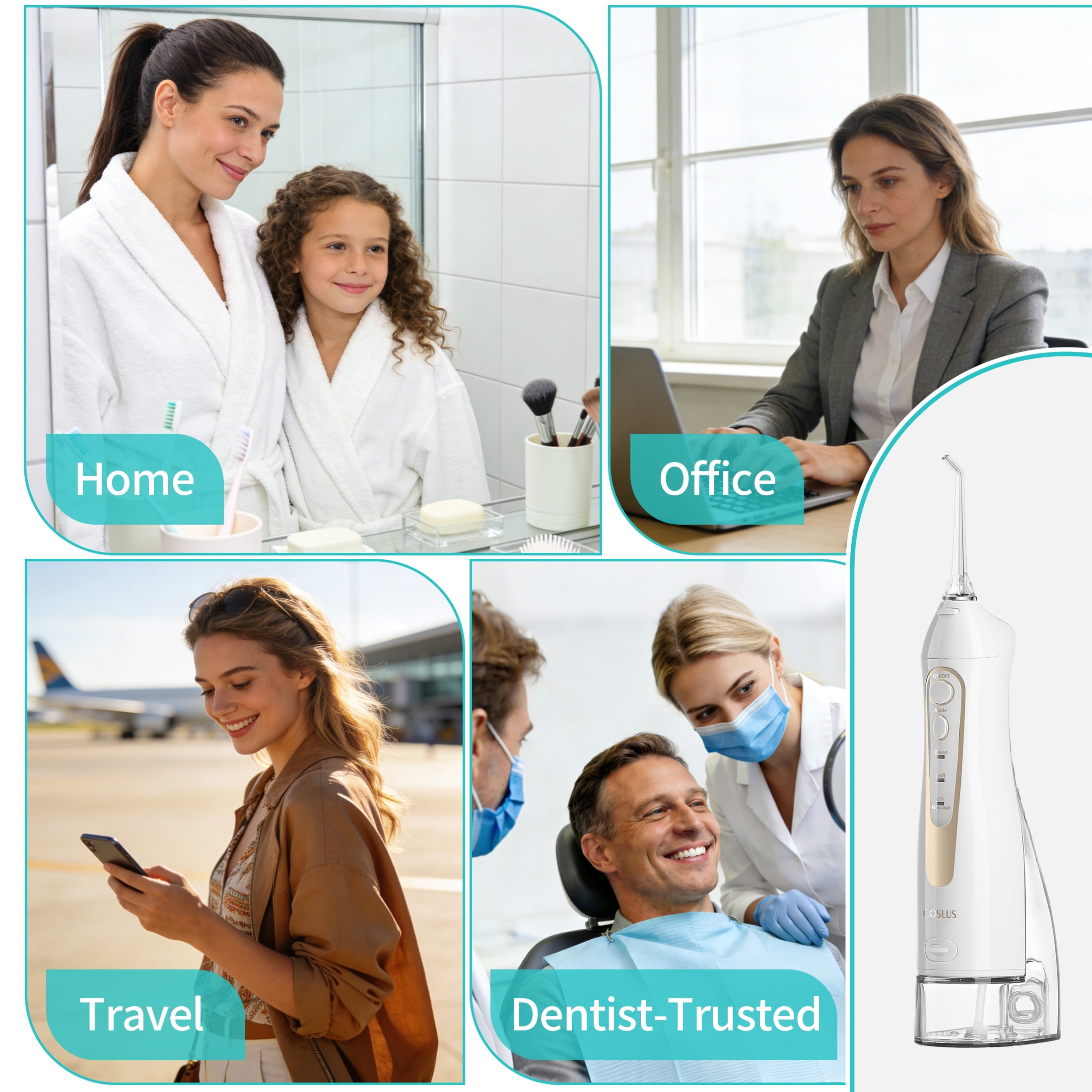 COSLUS CX20 Water Dental Flosser Teeth Pick,300ML Tank IPX7 Waterproof Portable Rechargeable Water Flosser Dental Oral Irrigator for Home and Travel White