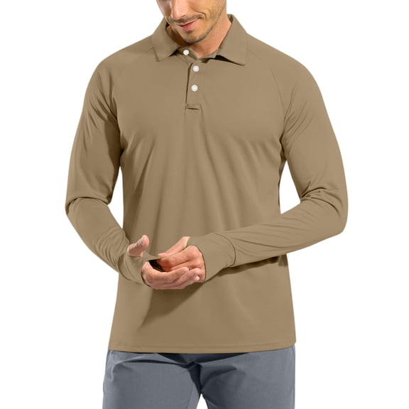 WTOBBY Men's Raglan Sleeve Performance Shirt with UPF 50 Sun Block, Lightweight Long Sleeve, and Golf-Ready Design for Breathable Summer Wear ,Brown L