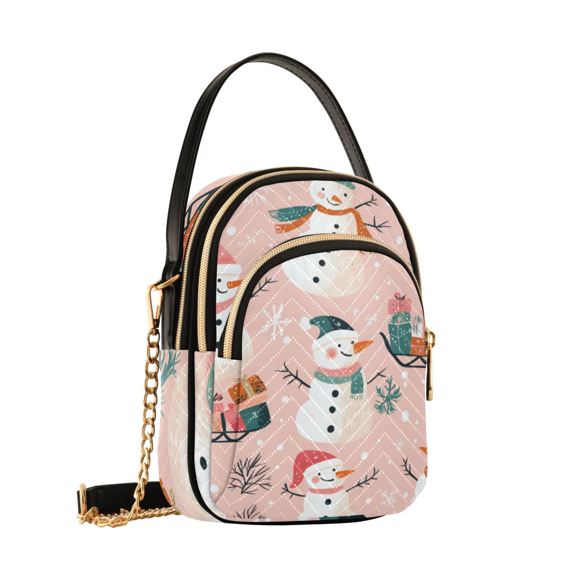 FORMRS Crossbody Bag for Women Quilted Travel Shoulder Cell Phone Purse with Chain Strap Handbag, Christmas Snowman