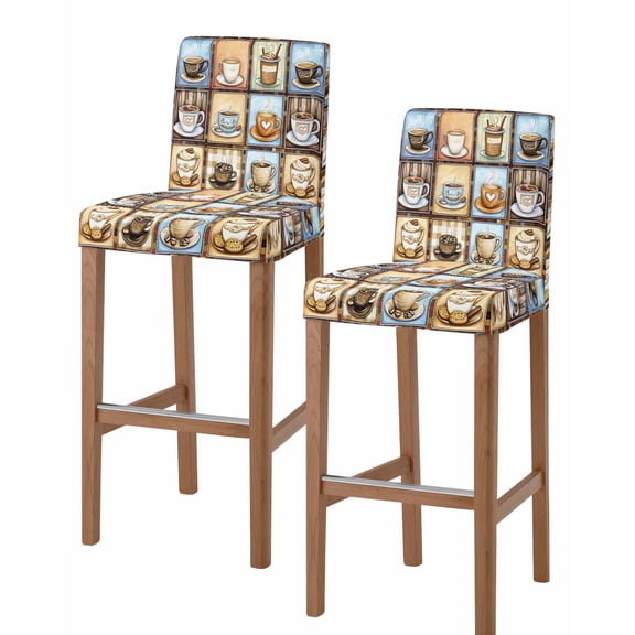 Watercolor Coffee Bar Stool Covers Set of 2, Retro Coffee Patchwork Stretch Washable Bar Chair Covers with Backs, Removable Pub Counter Height Chair Cover for Kitchen Dining Room Cafe