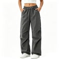 thumbnail image 2 of CLOISE Women's Cargo Pants with Pockets Drawstring Waterproof Mid Waist Straight Leg Long Pants Elastic Waist Solid Baggy Vacation Outfits Gray S, 2 of 5