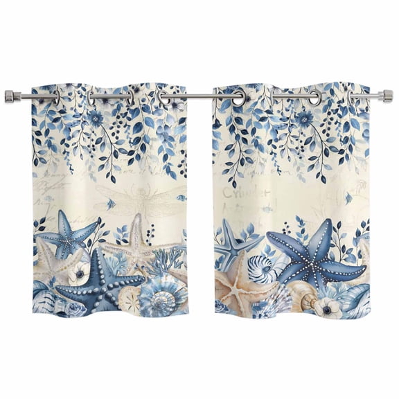 2 Panels Kitchen Tier Curtains 39 Inch Length, Blue Coastal Starfish Grommets Window Treatment Curtain, Beach Nautical Shell Eucalyptus Retro Thermal Curtains Drapes for Living Room/Bathroom