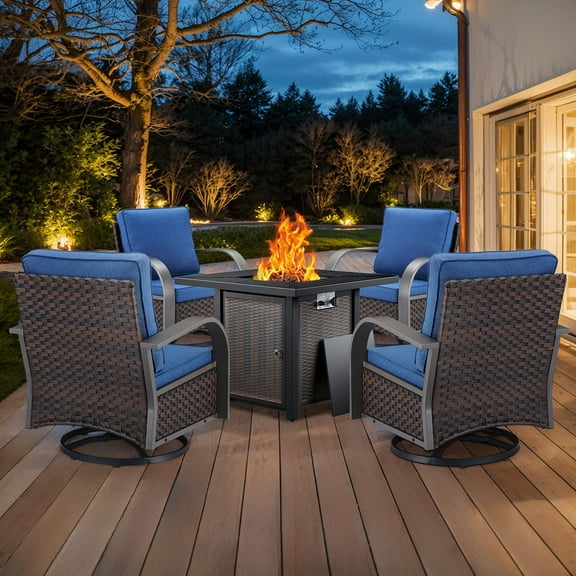 PARKWELL 5 Pieces 4-Seat Outdoor Conversation Set with 30" Fire Pit Table and Deep Seat Swivel Gliders,Brown Wicker and Navy Cushions