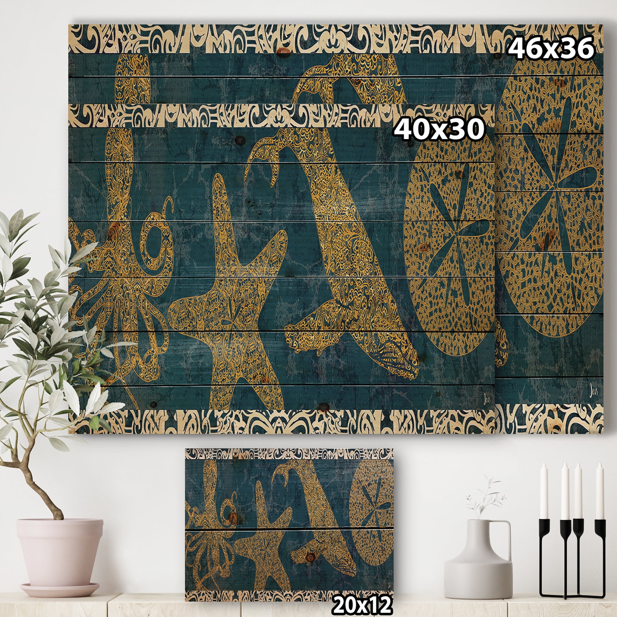 Designart 'Coastal Sea Life Seastar And Octopus' Nautical & Coastal Print on Natural Pine Wood