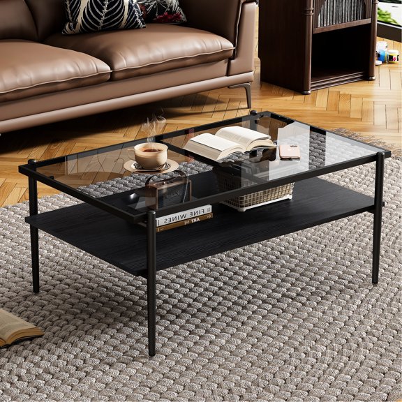 Modern Style Coffee Table With Gray Tempered Glass And Stable Black Metal Legs Rectangle For Living Room Use