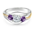 thumbnail image 2 of Gem Stone King 925 Sterling Silver and 10K Yellow Gold Round White Moissanite and Purple Amethyst 3 Stone Ring for Women (1.00 Cttw, Size 5), 2 of 3