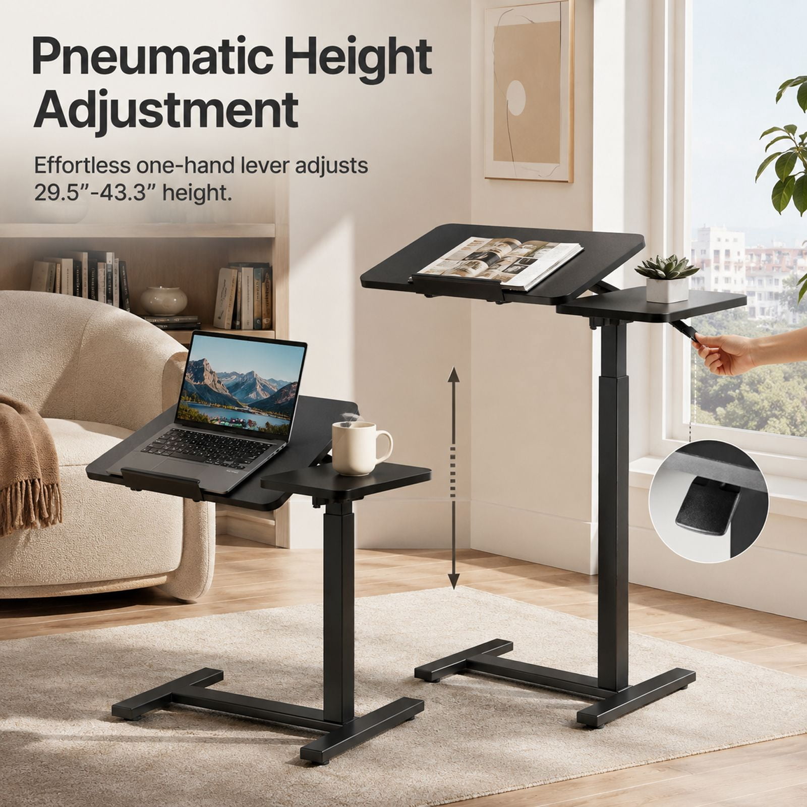 Alvantor Adjustable Bedside Table with Wheels, Rolling Desk, Laptop Table, Portable Design, Adjustable Height, Computer Workstation, Home Office Classroom