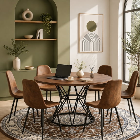 ExtraLco 7 Piece Round Dining Table Set for 6, 47" Walnut MDF Table with Brown Suede Upholstered Chairs for Dining Room Kitchen