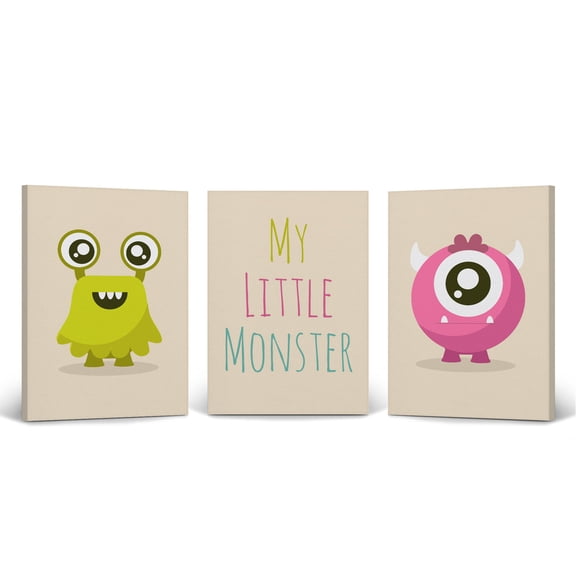 Smile Art Design Green and Pink My Little Monster Lettering Cream Background 3 PANEL Canvas Wall Art Print SET Kids Room Decor Baby Boy and Girl Room Decor - Made in the USA (40x30)x3