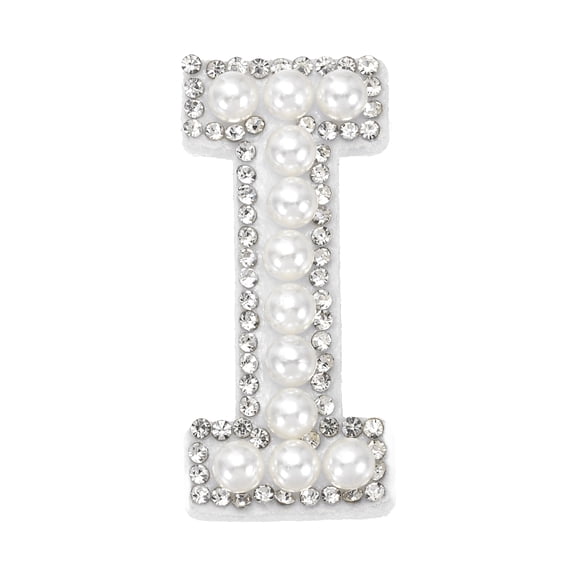 Uxcell Iron on Pearl Letter I Patches, Pearl Rhinestone A-Z Alphabet Self Adhesive Sew on Patches, Glitter Letter Applique for Clothes Fabric DIY Backpack, White