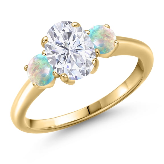Gem Stone King 10K Yellow Gold White Moissanite and Simulated White Opal Engagement Ring for Women | 2.00 Cttw | Oval 8X6MM | Gemstone Birthstone | Size 6