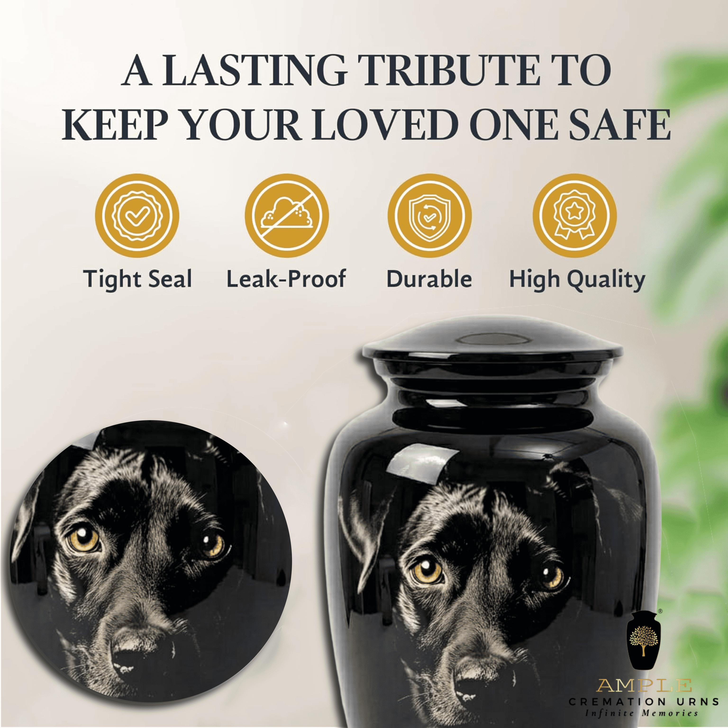 Black Dog Cremation Urn for Pet Ashes – Glossy Aluminum Memorial Urn Realistic Portrait