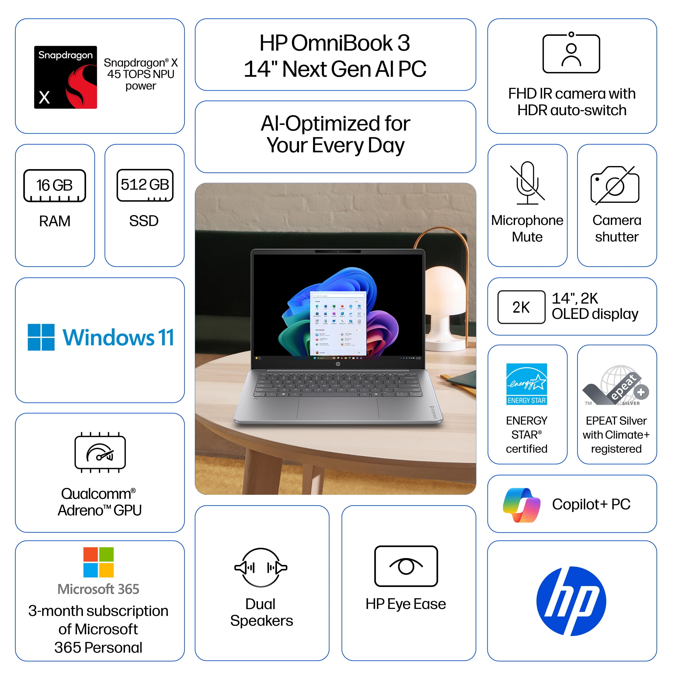 HP OmniBook 3 14 inch Next Gen AI PC 2K OLED Display Windows Snapdragon X 16GB 512GB SSD - Nouvelle Silver
