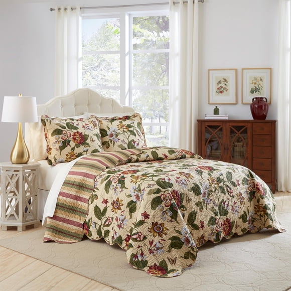 Waverly Laurel Springs Ensemble de Literie Réversible 3 Pcs Floral de Ferme Moderne, Très Grand, Parchemin