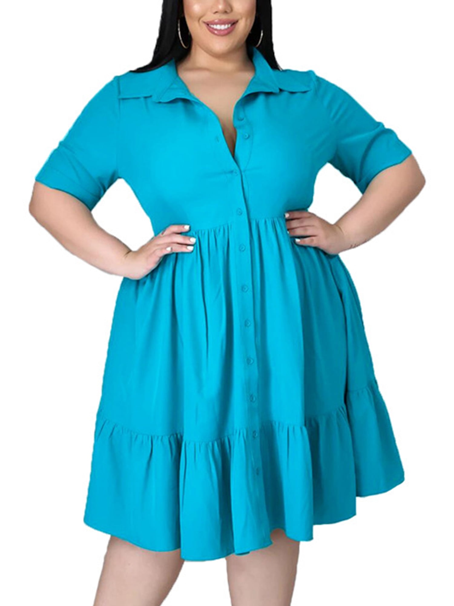 Frontwalk Women Ruffle Shirt Dress Short Sleeve Midi Dress Plus Size