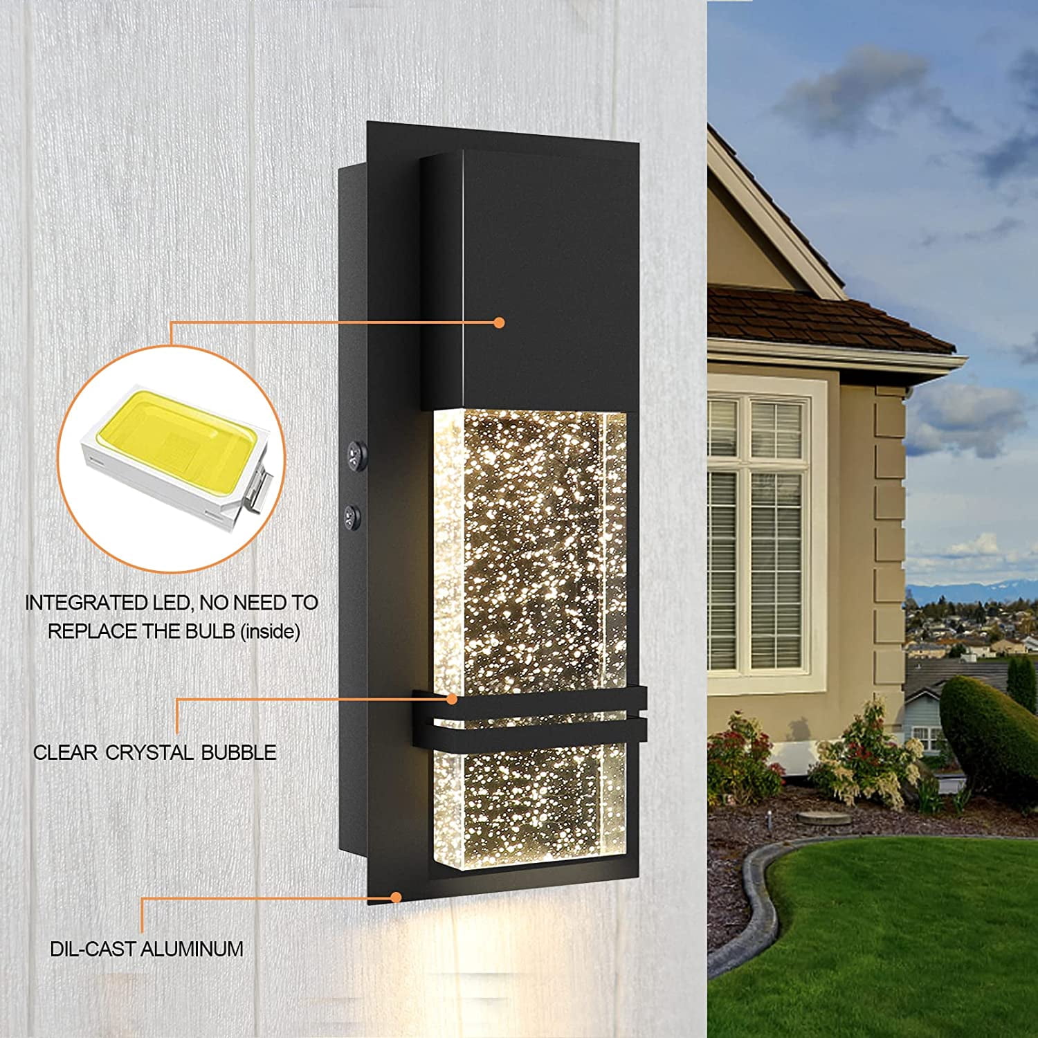 Rottogoon Modern LED Integrated Outdoor Wall Light Porch Sconce with Crystal Bubble Glass