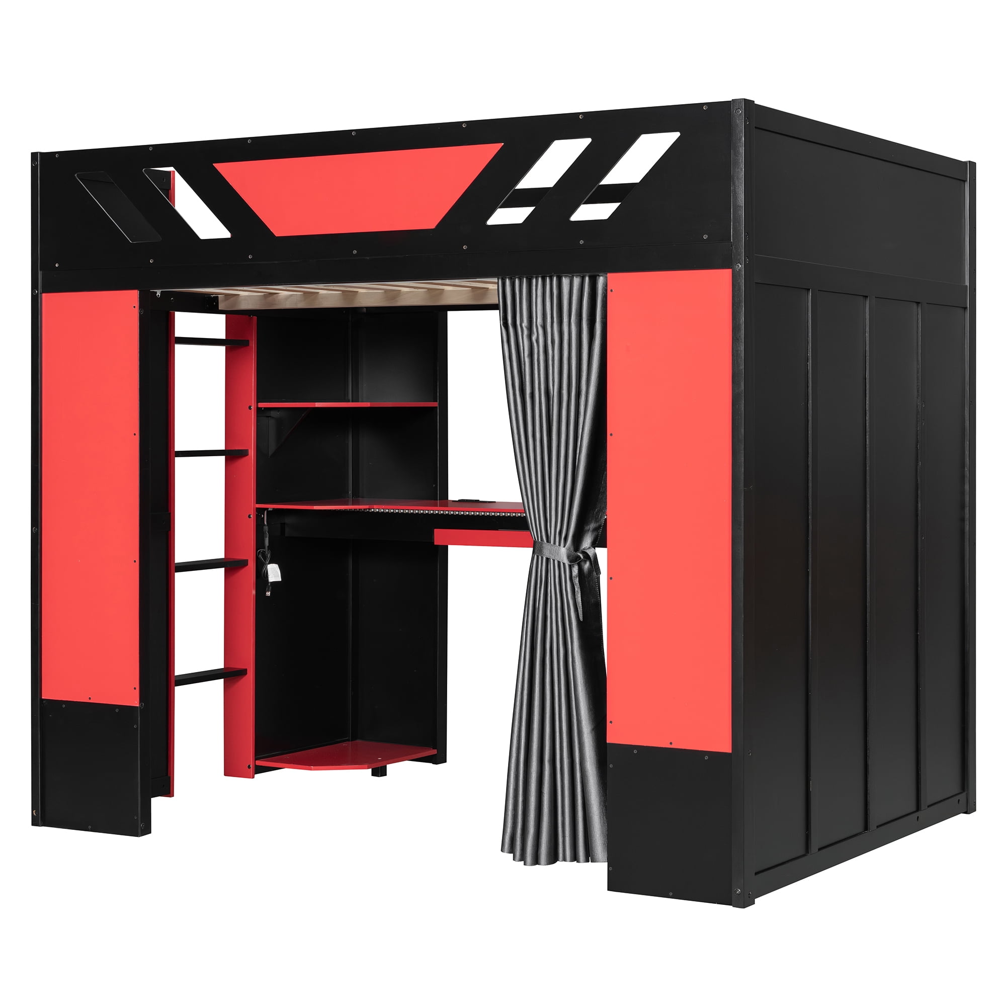 Mintazer Full Size Loft Bed with RGB Light & Desk, Cool Gaming Bed with Blackout Curtains & Storage Shelves for Dorm, Apartment, Black & Red