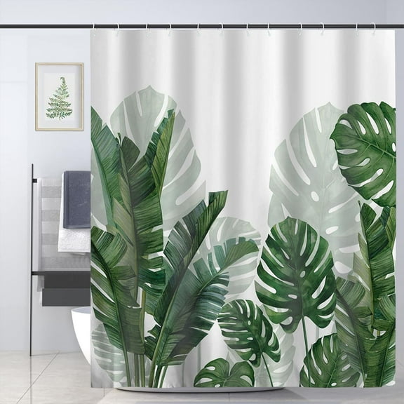 Green Shower Curtain for Bathroom Tropical Leaves Plant Bath Decor 72 x 72 Inch with 12 Hooks