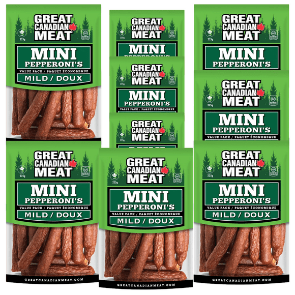Great Canadian Meat Mild Mini Pepperonis 10-Pack Bulk Box - 10 x 225g Bags - High Protein, Low Fat, Gluten-Free Meat Snacks for On-the-Go - 100% Canadian Made